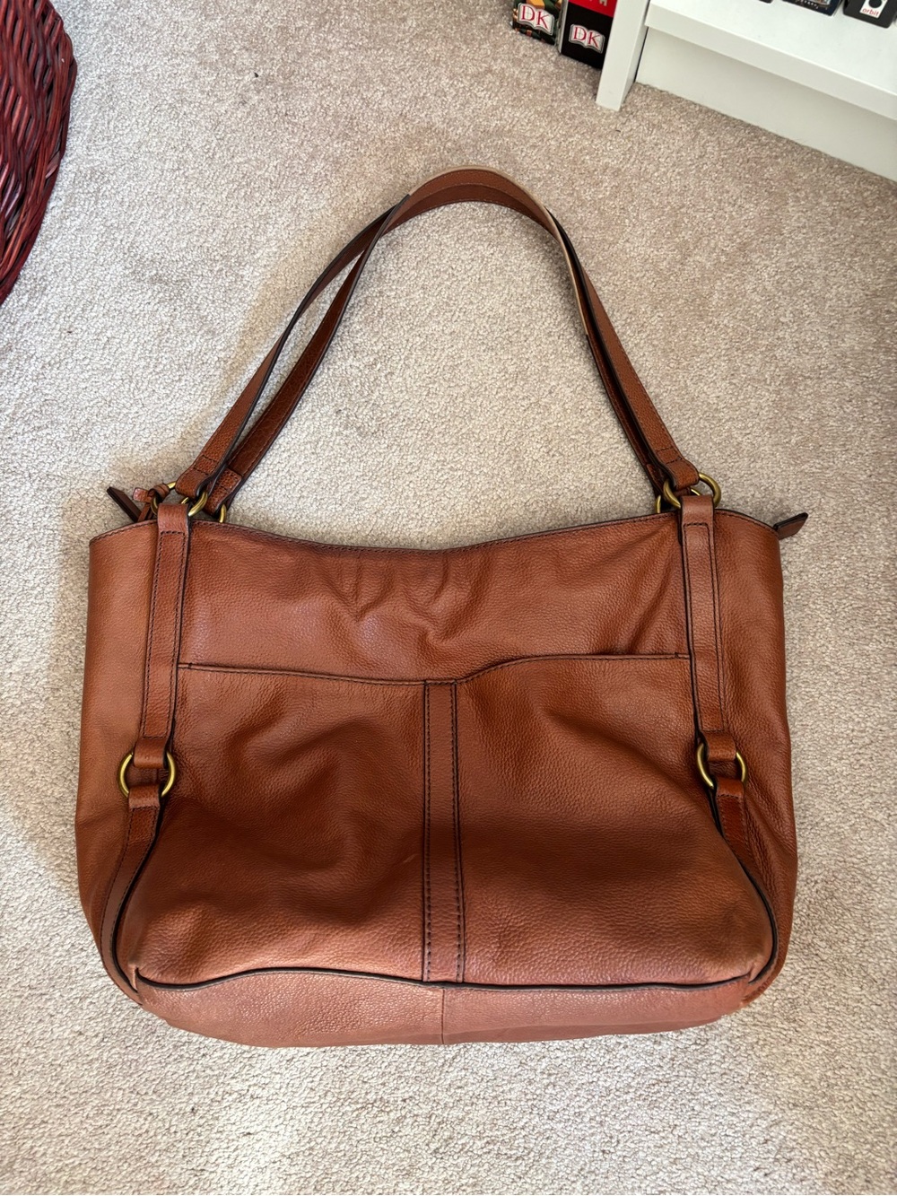 Fossil Brown Pebbled Leather Shoulder Tote Bag | Brass Hardware | Key Charm